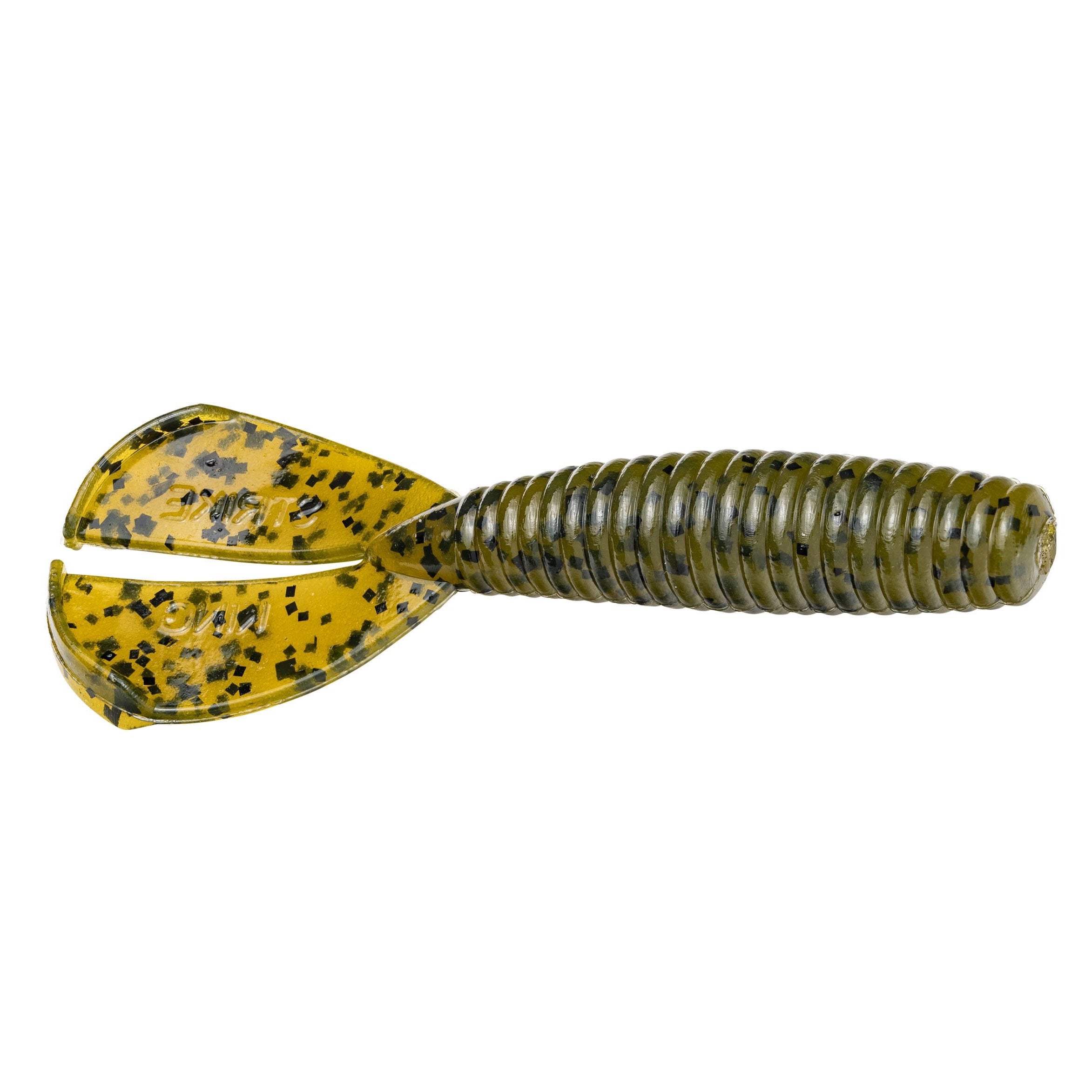 Strike King Magnum Rage Menace Grub fishing lure in green pumpkin color with ribbed body and twin paddle tail, designed for effective fishing tackle use.