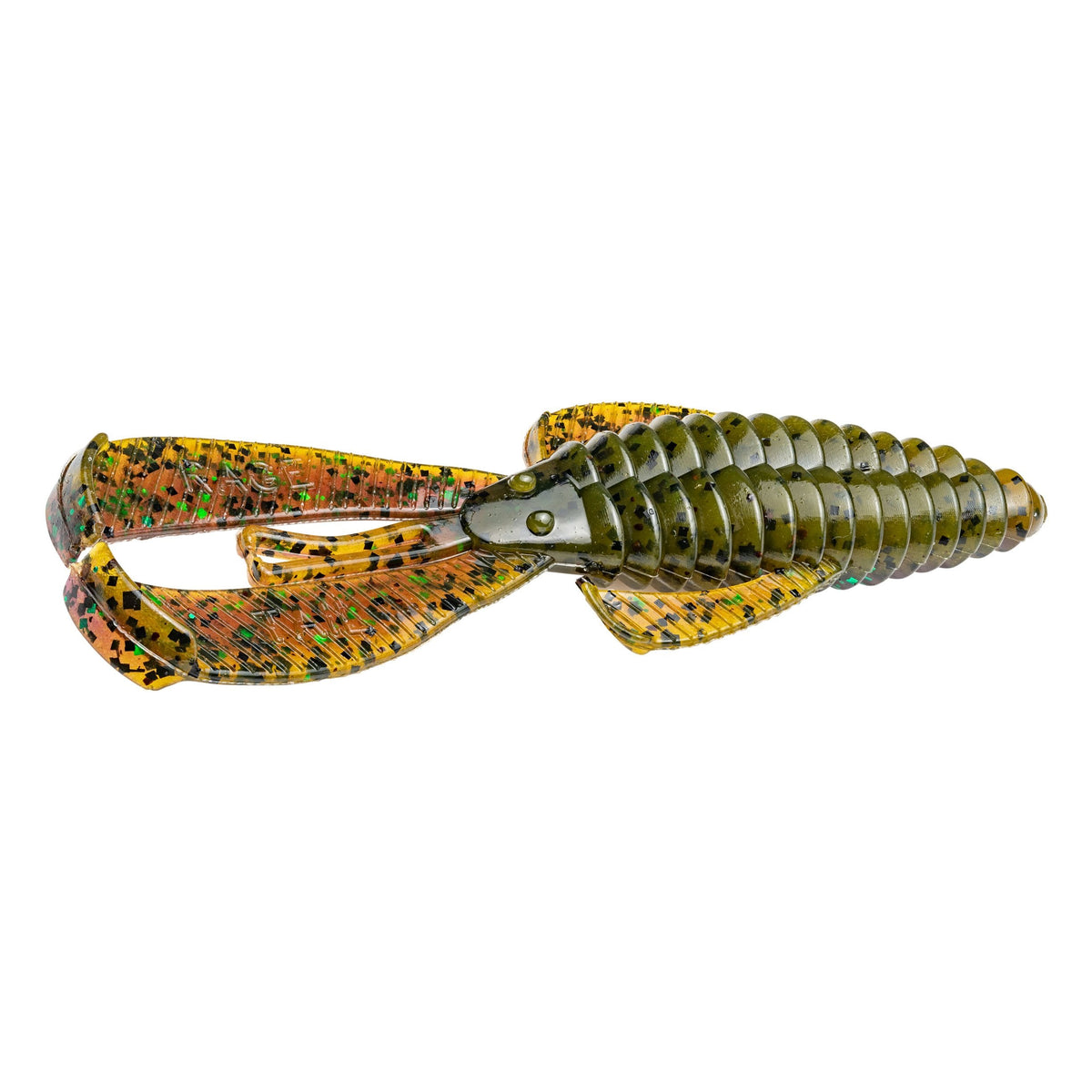 Close-up of a green and orange soft plastic fishing lure shaped like a segmented insect with multiple legs, identified as Strike King Rage Bug, designed for fishing tackle use.