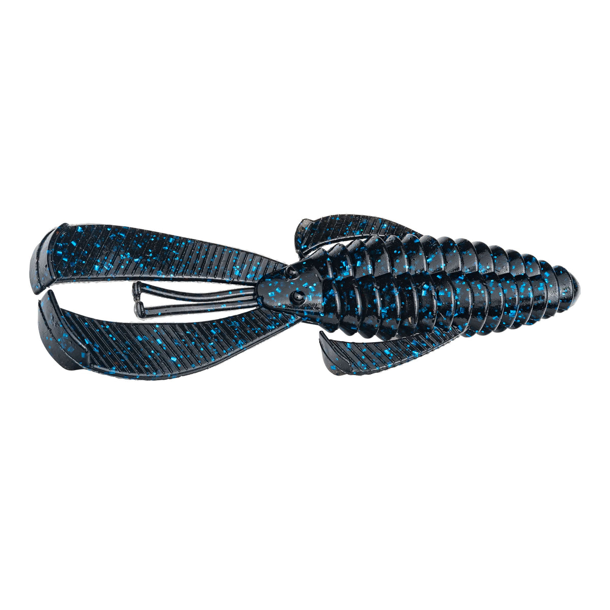 Soft plastic fishing lure named Strike King Rage Bug in dark color with blue flakes, designed to imitate a crawfish for freshwater fishing tackle use.