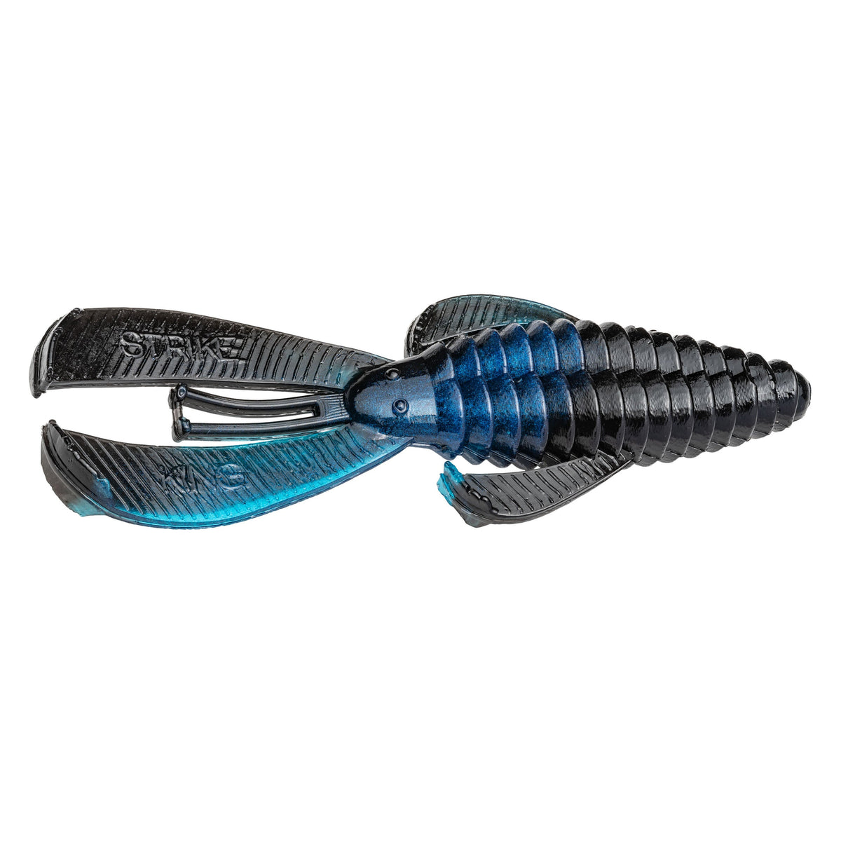 Strike King Rage Bug fishing lure in black and blue swirl colors, designed with segmented body and claw-like appendages for realistic movement in fishing tackle setups.