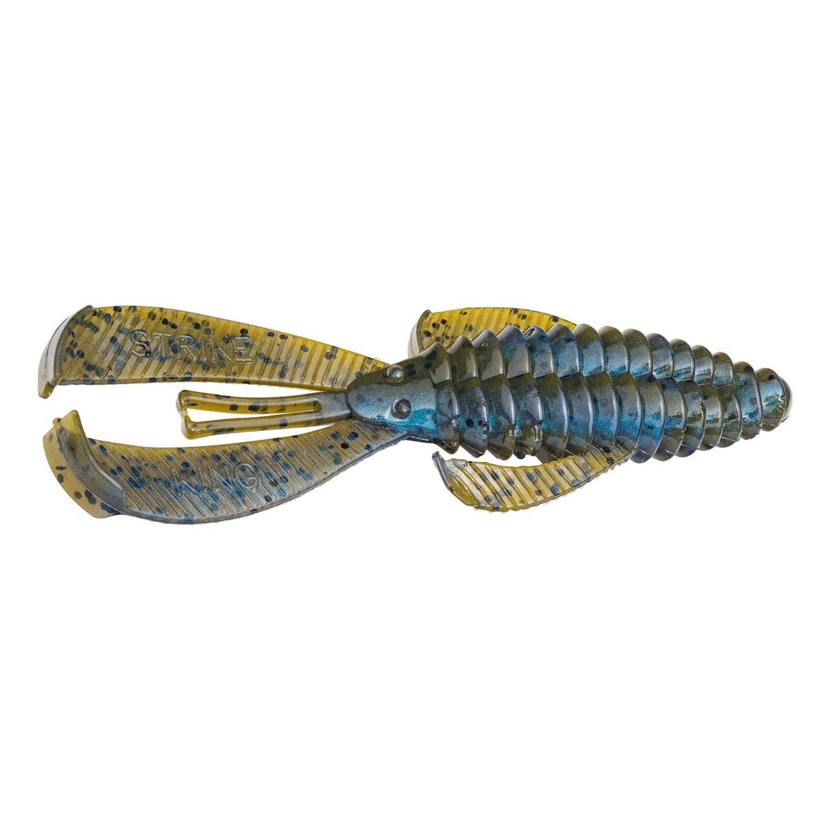 Soft plastic fishing lure designed to resemble a blue and yellow crawfish with segmented body and large pincers, the Strike King Rage Bug for fishing tackle.