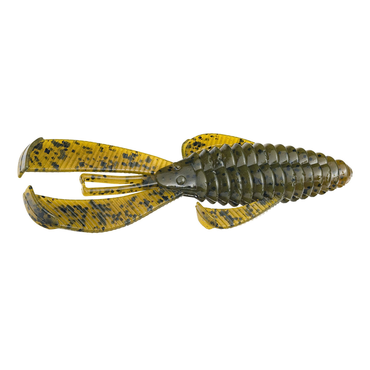 Strike King Rage Bug soft plastic fishing lure in green pumpkin color with black flecks, designed to mimic a crawfish for effective fishing tackle use.