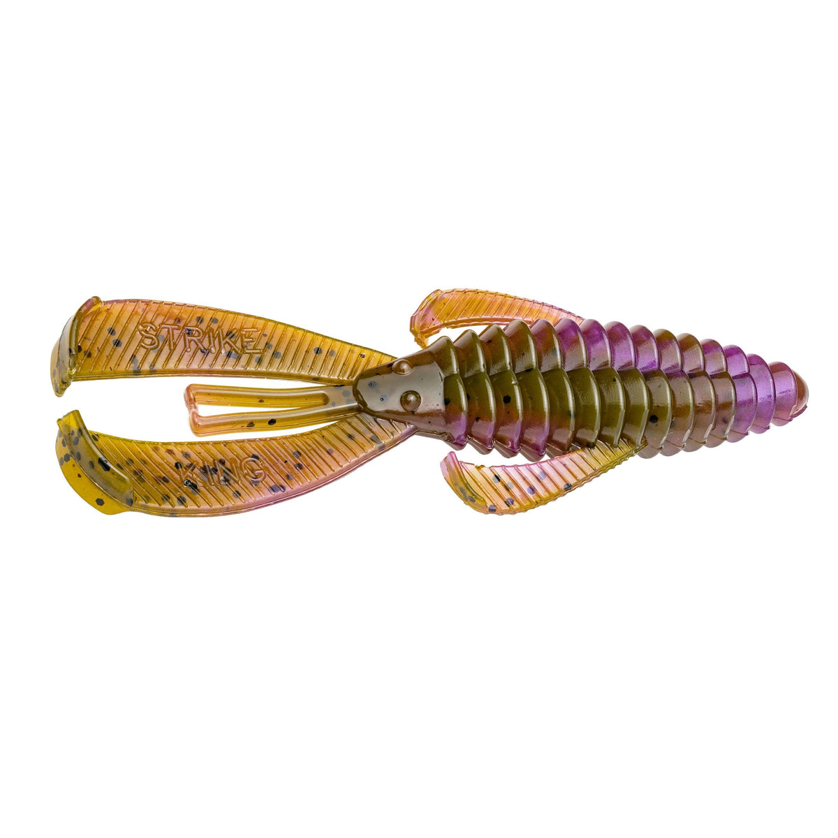 Strike King Rage Bug soft plastic fishing lure in green pumpkin with purple swirl, designed to imitate a creature bait for musky fishing tackle.