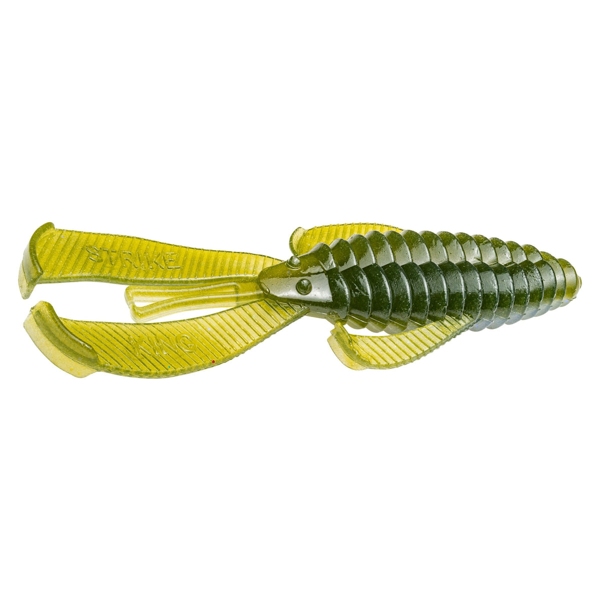 Detailed close-up of the Strike King Rage Bug fishing lure featuring segmented green and yellow soft plastic body designed to mimic a creature bait for fishing tackle enthusiasts.