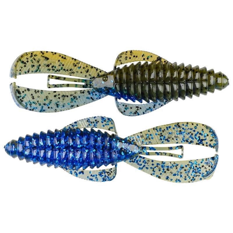 Two soft plastic fishing lures in blue and olive green with segmented bodies and twin paddle tails designed as the Strike King Rage Bug for fishing tackle.