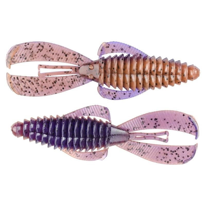 Two soft plastic fishing lures in purple and brown hues with ribbed segmented bodies and dual claw-like appendages, designed as Strike King Rage Bug for fishing tackle use.