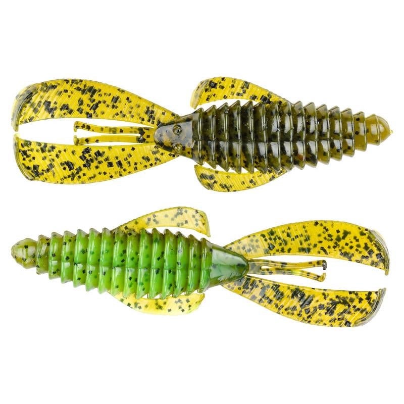 Two Strike King Rage Bug fishing lures in green and yellow with black speckles, designed with segmented bodies and paddle-like tails for realistic movement in water.