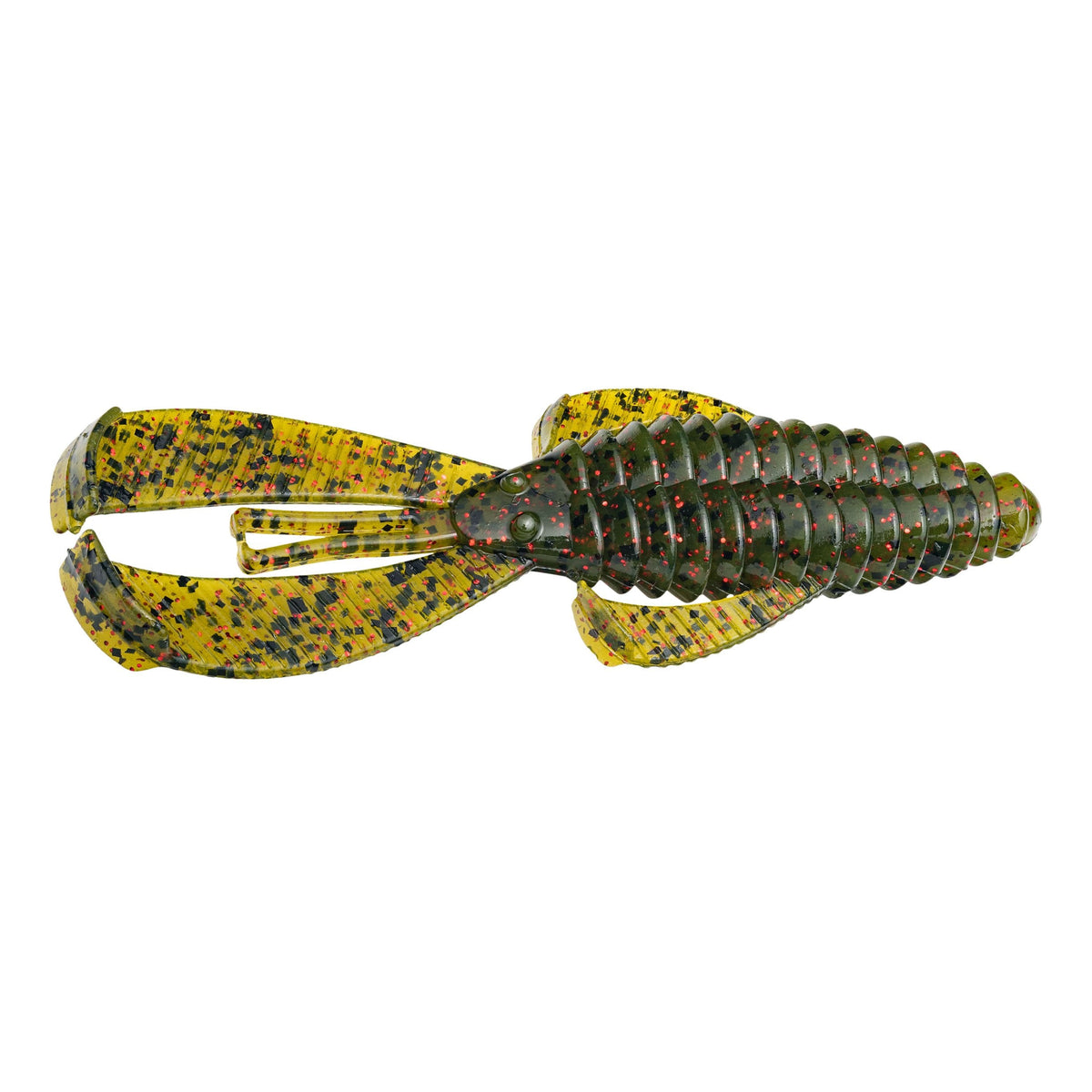 Soft plastic fishing lure in yellow-green with black and red flecks, designed to mimic a creature bait, called Strike King Rage Bug, ideal for fishing tackle enthusiasts.