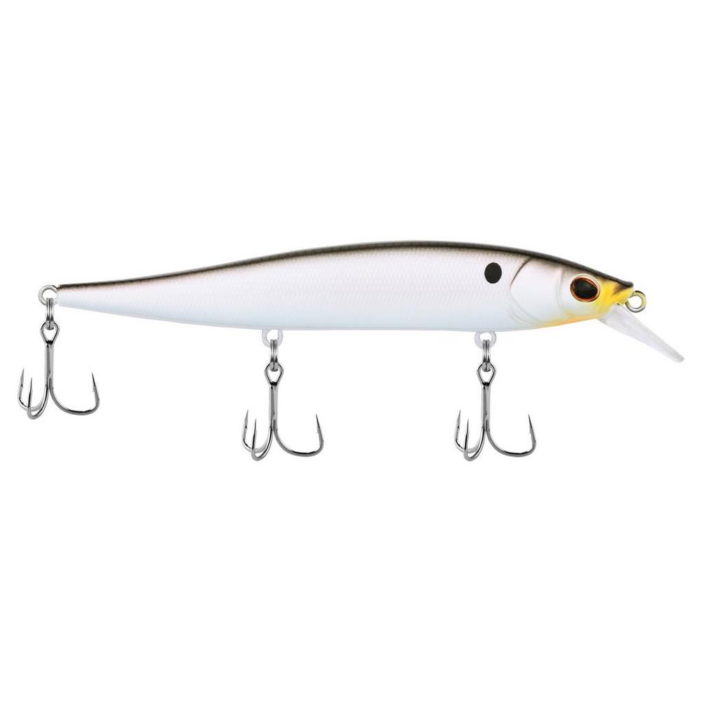 Berkley Stunna 112 Jerkbait fishing lure with a slender, fish-shaped body, white and gray coloring, detailed eyes, and three sharp treble hooks for effective fishing tackle.