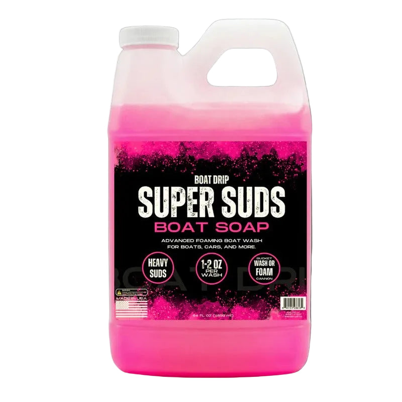 Pink bottle of Super Suds Boat Soap on a white background