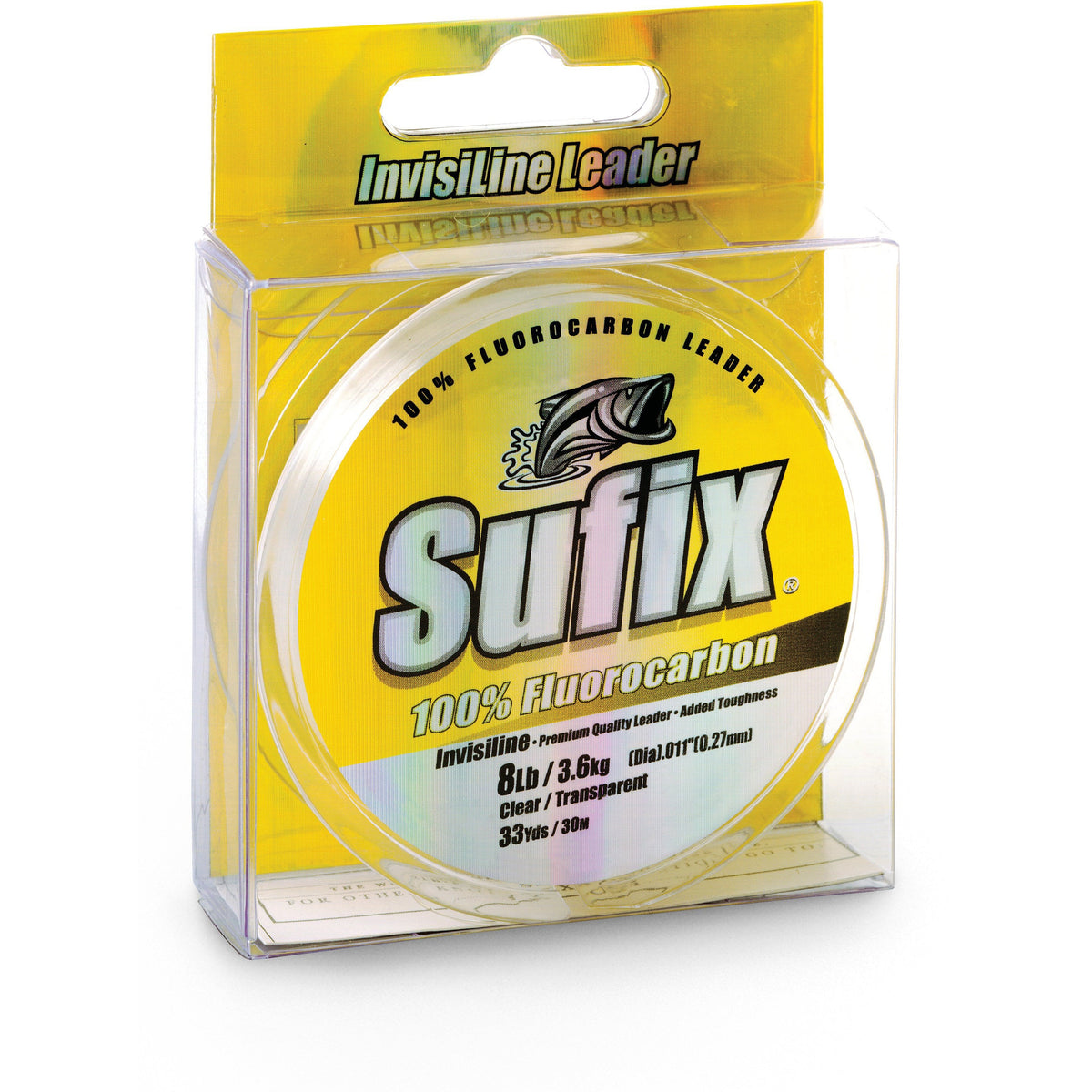 Clear spool of Sufix Invisiline Fluorocarbon Leader fishing line in yellow and clear plastic packaging, designed for fishing tackle and rods with 8lb test strength.