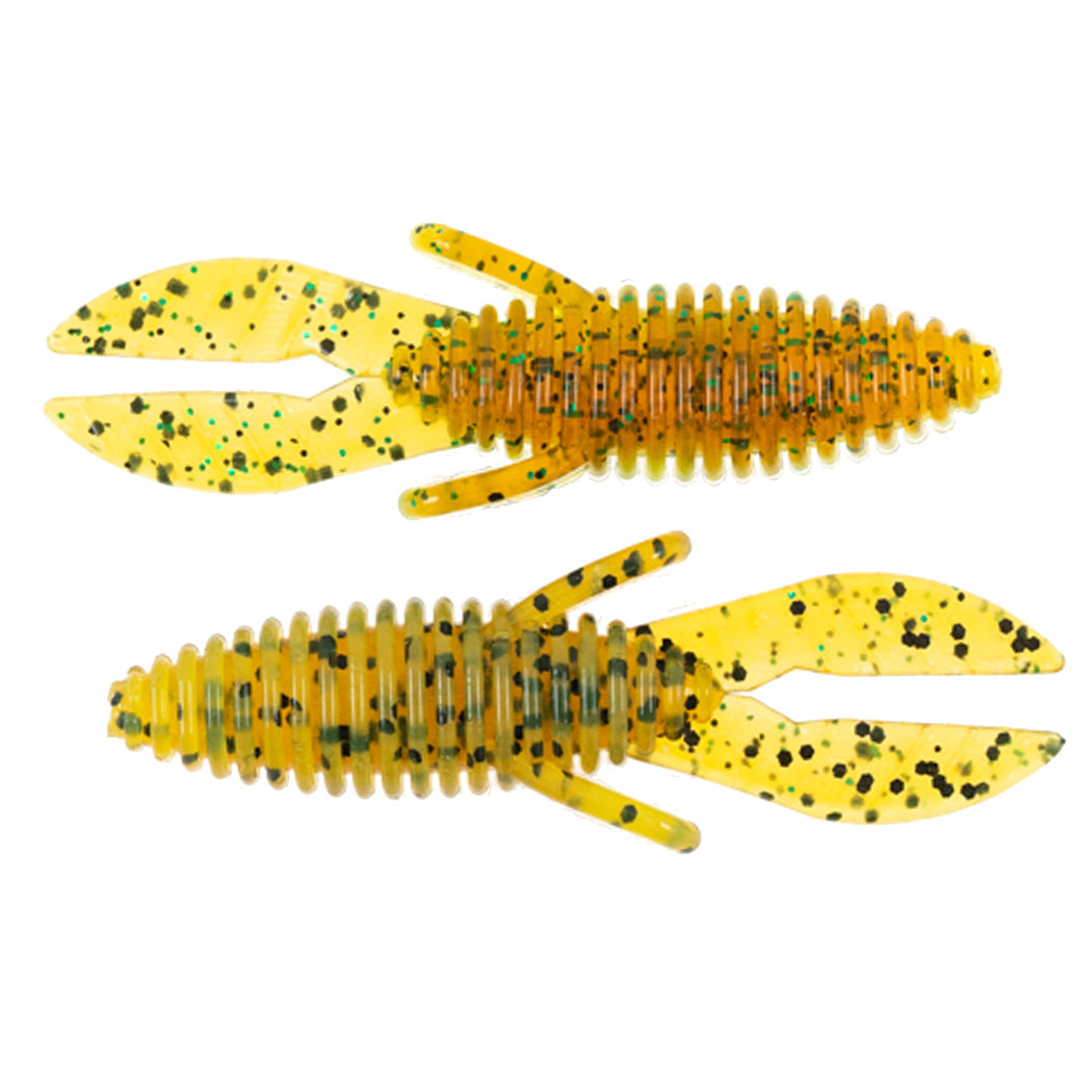 Two yellow soft plastic fishing lures with black speckles shaped like small crawfish claws, designed for fishing tackle, called Missile Baits Micro D Bomb.