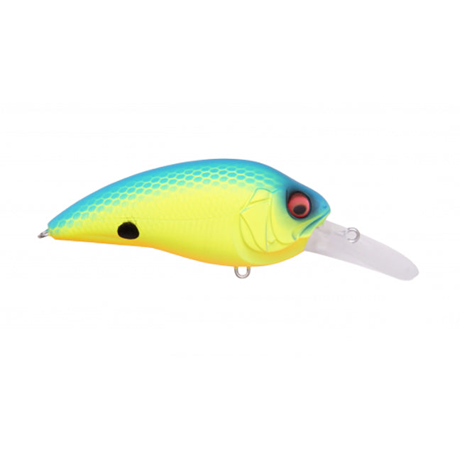Megabass Super-Z Z2 fishing lure in vibrant yellow and blue with a detailed scale pattern, red eye, and clear diving lip designed for effective musky fishing tackle.
