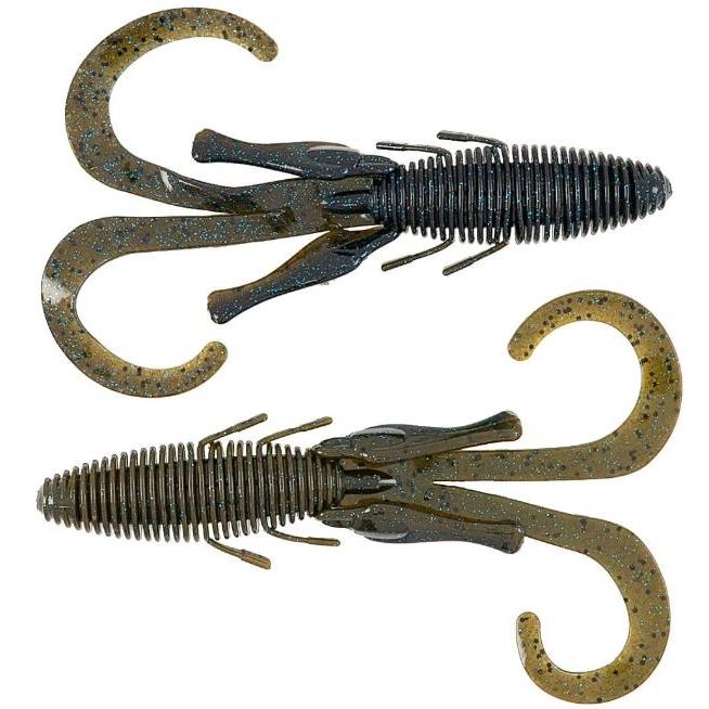 Two soft plastic fishing lures in dark green with black and blue flecks, designed with ribbed bodies and multiple curved appendages, labeled as Missile Baits D Stroyer.