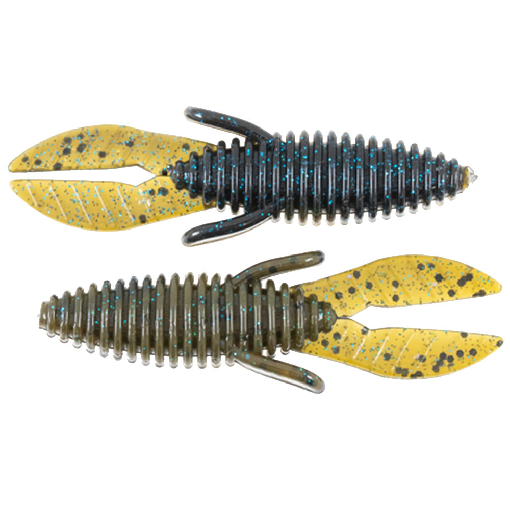Two soft plastic fishing lures in dark and yellow speckled colors, designed with ribbed bodies and claw-like tails, shown as the Missile Baits Micro D Bomb for fishing tackle.