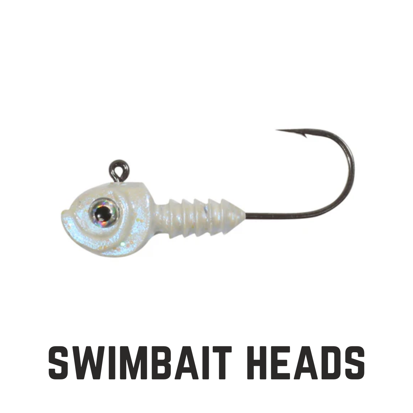 pearl jig head with eyes on hook with text overlay swimbait heads