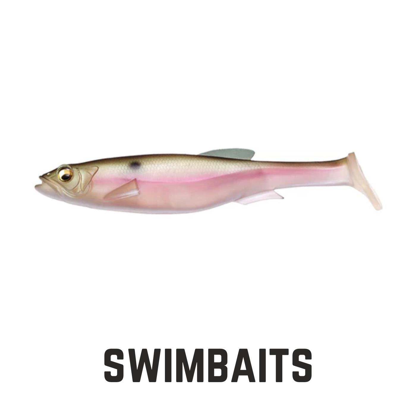 soft plastic minnow with light green and pink paddle tail with text overlay swimbaits