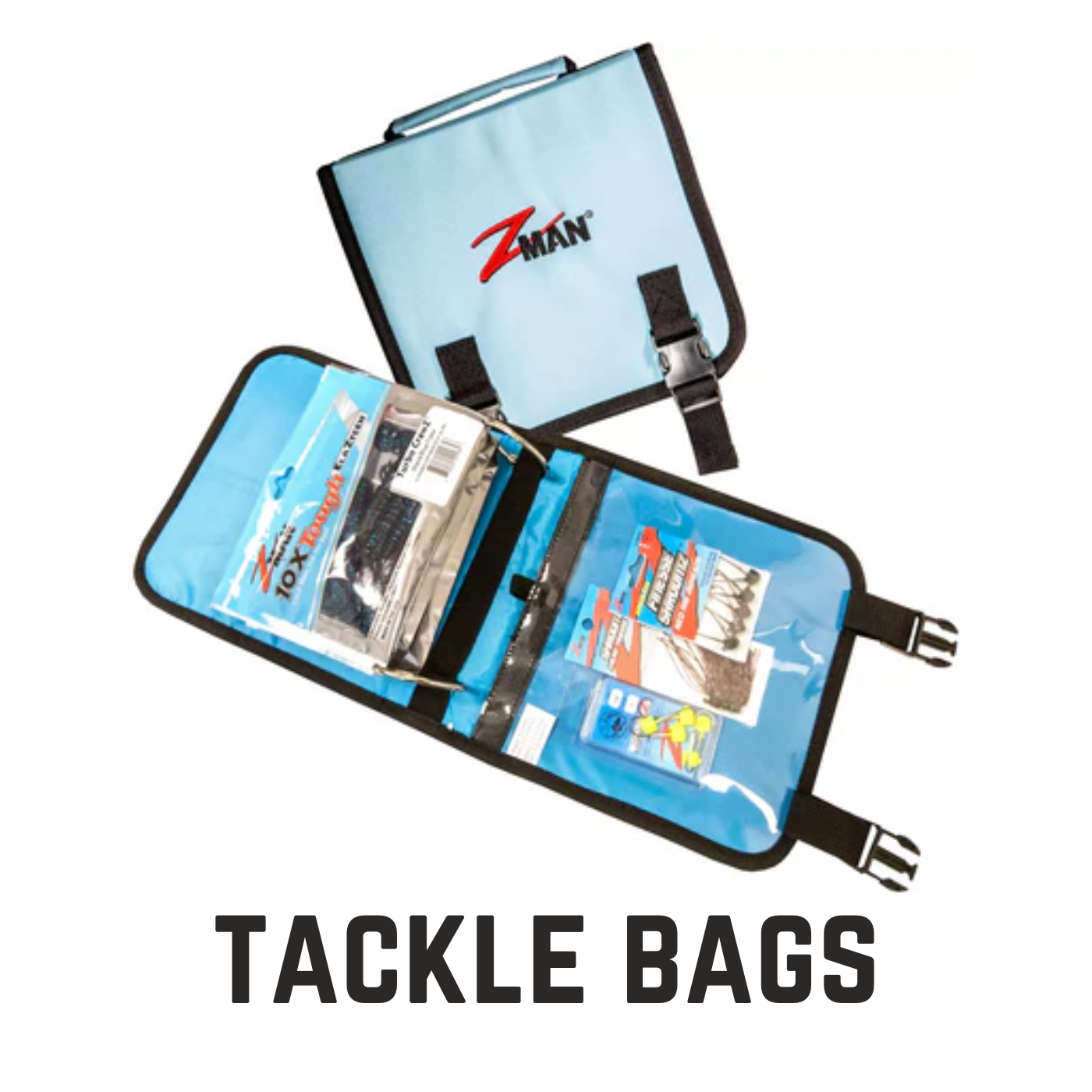 Z-Man light blue soft tacke bag with text overlay tackle bags