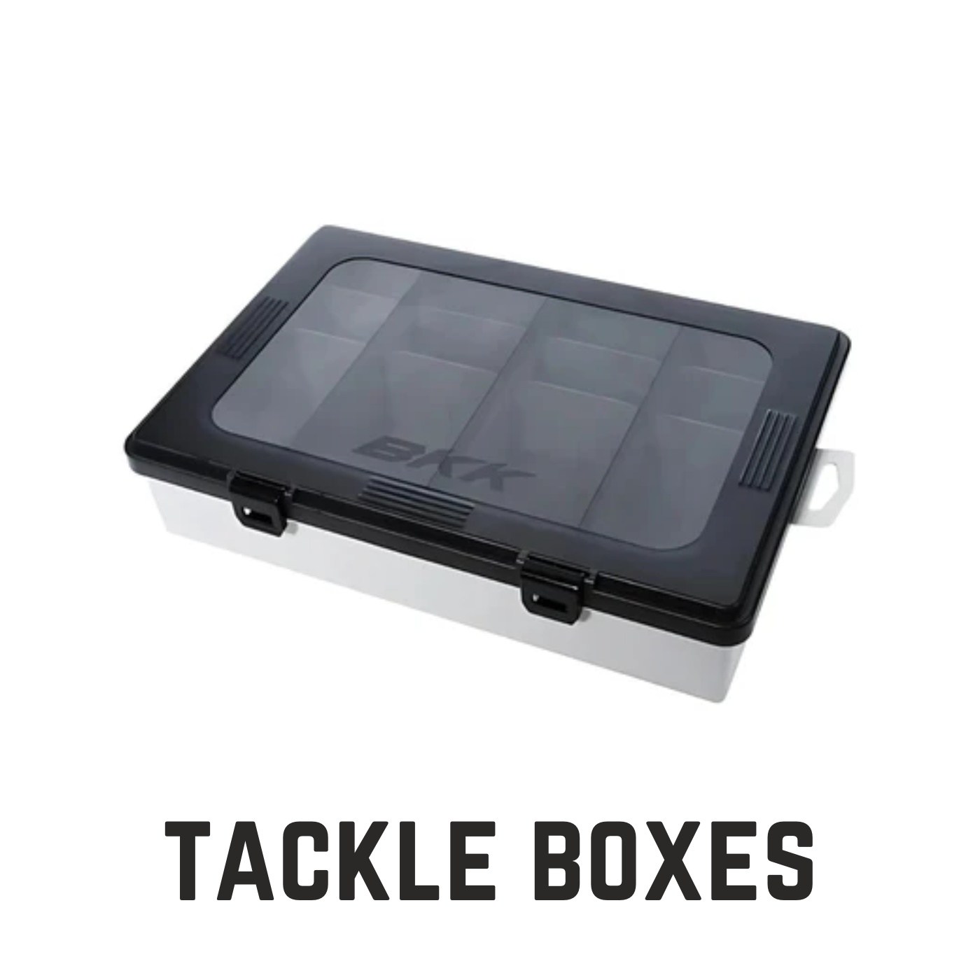 white and black BKK tackle box with text overlay tackle boxes