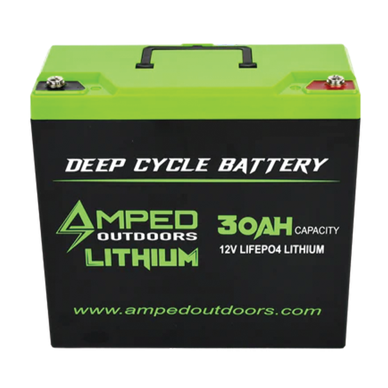 Black and green deep cycle battery labeled Amped Outdoors Lithium with 30 amp hour capacity and 12V LiFePO4 technology, designed for outdoor and marine electronics use, Amped Outdoors (LiFePO4) Lithium Batteries - Battery Only.