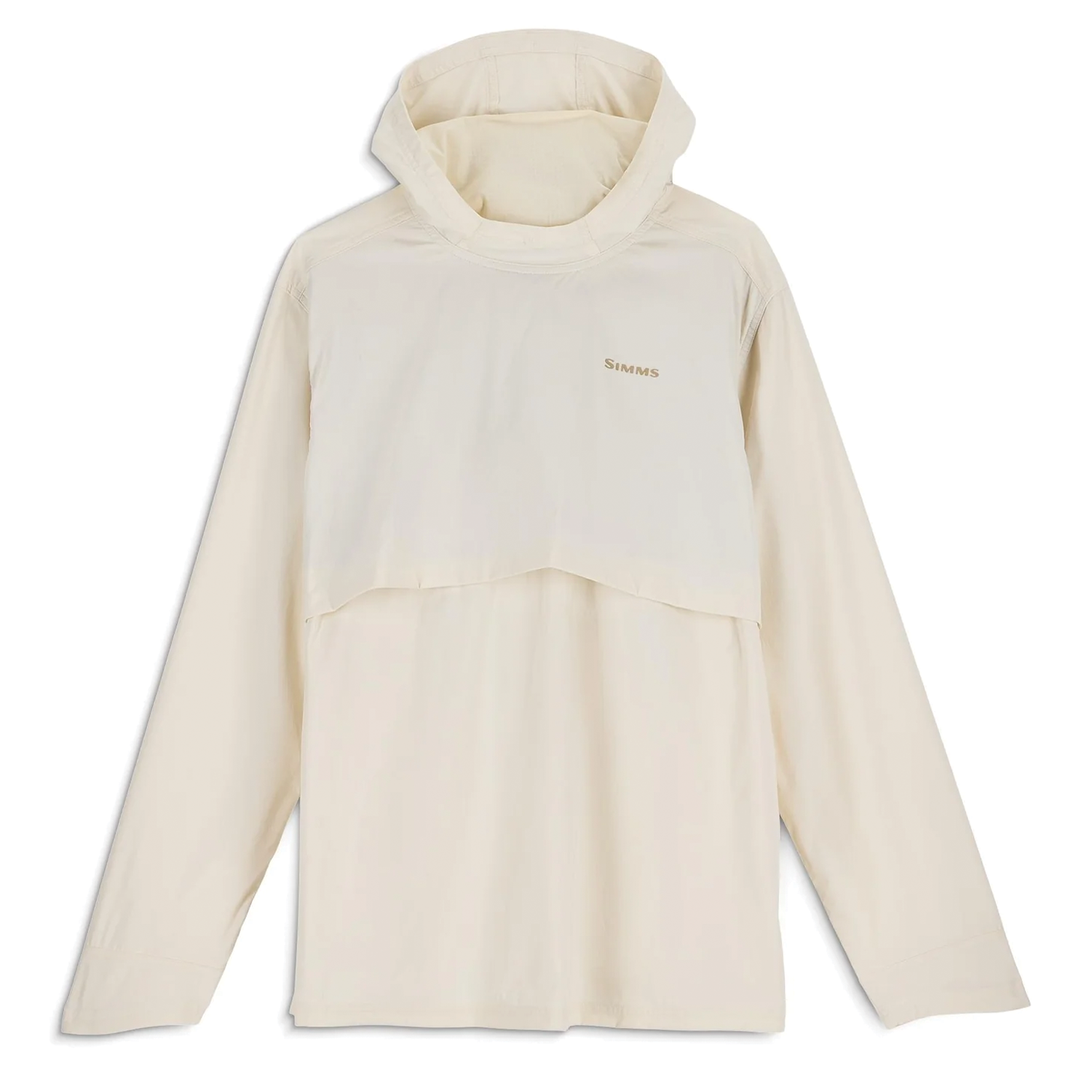 Simms Latitude Hoody - Men's in a light tan color, featuring long sleeves, a high neckline with an attached hood, and a vented chest flap for breathable fishing tackle apparel.