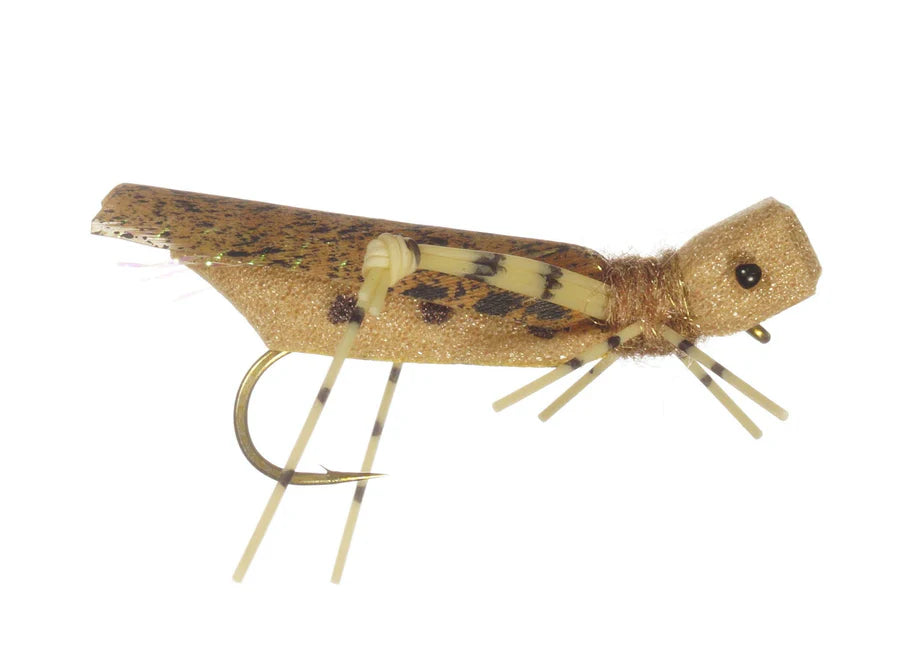 Detailed close-up of a Grand Hopper fishing lure designed to mimic a grasshopper with a tan and brown speckled body, flexible legs, and a sharp hook for fishing tackle enthusiasts.