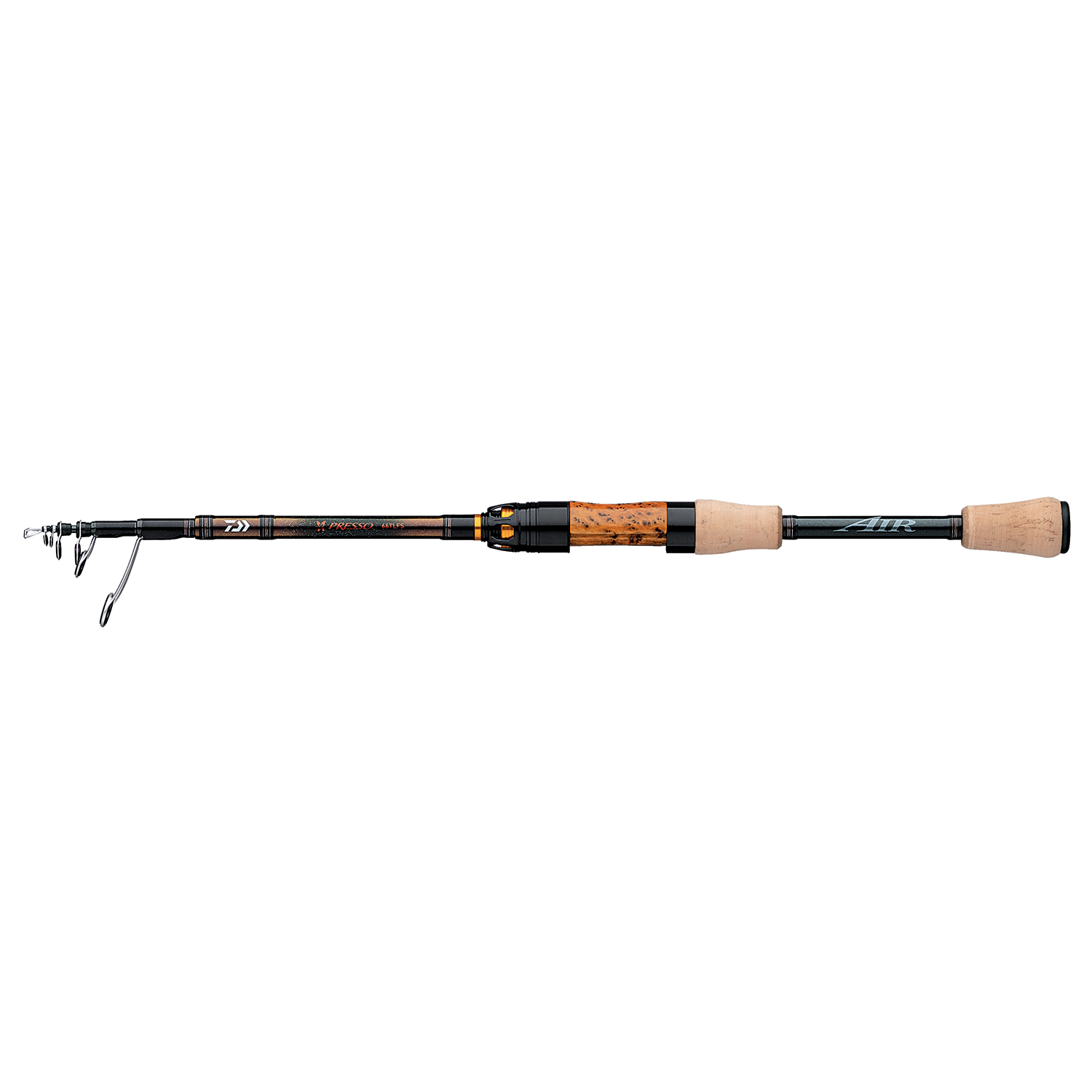 Daiwa Presso Air Ultralight Series - Spinning fishing rod with sleek black and wood-tone design, featuring ergonomic cork handles and stainless steel line guides.