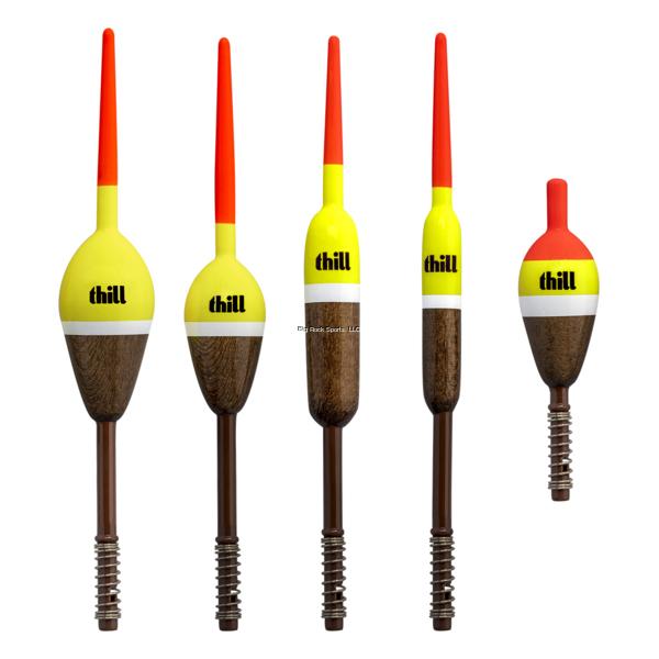 Thill Americas Classic Spring Float - 5 Pack showing five fishing bobbers with bright orange tips, yellow and white bodies, and brown bases designed for fishing tackle use.