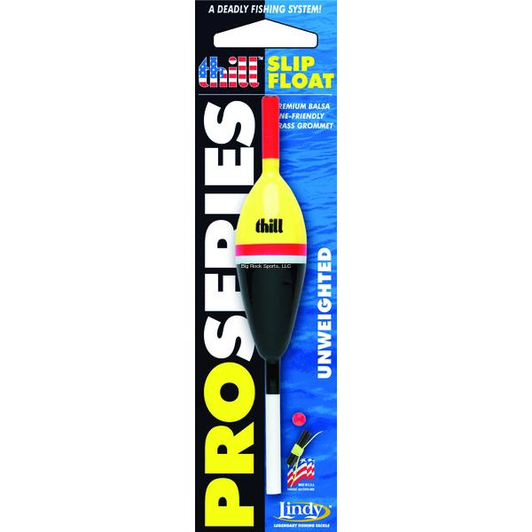 Thill Pro Series Float slip bobber with bright yellow and red top and black weighted body designed for fishing tackle, made from premium balsa wood with a brass grommet for durability.