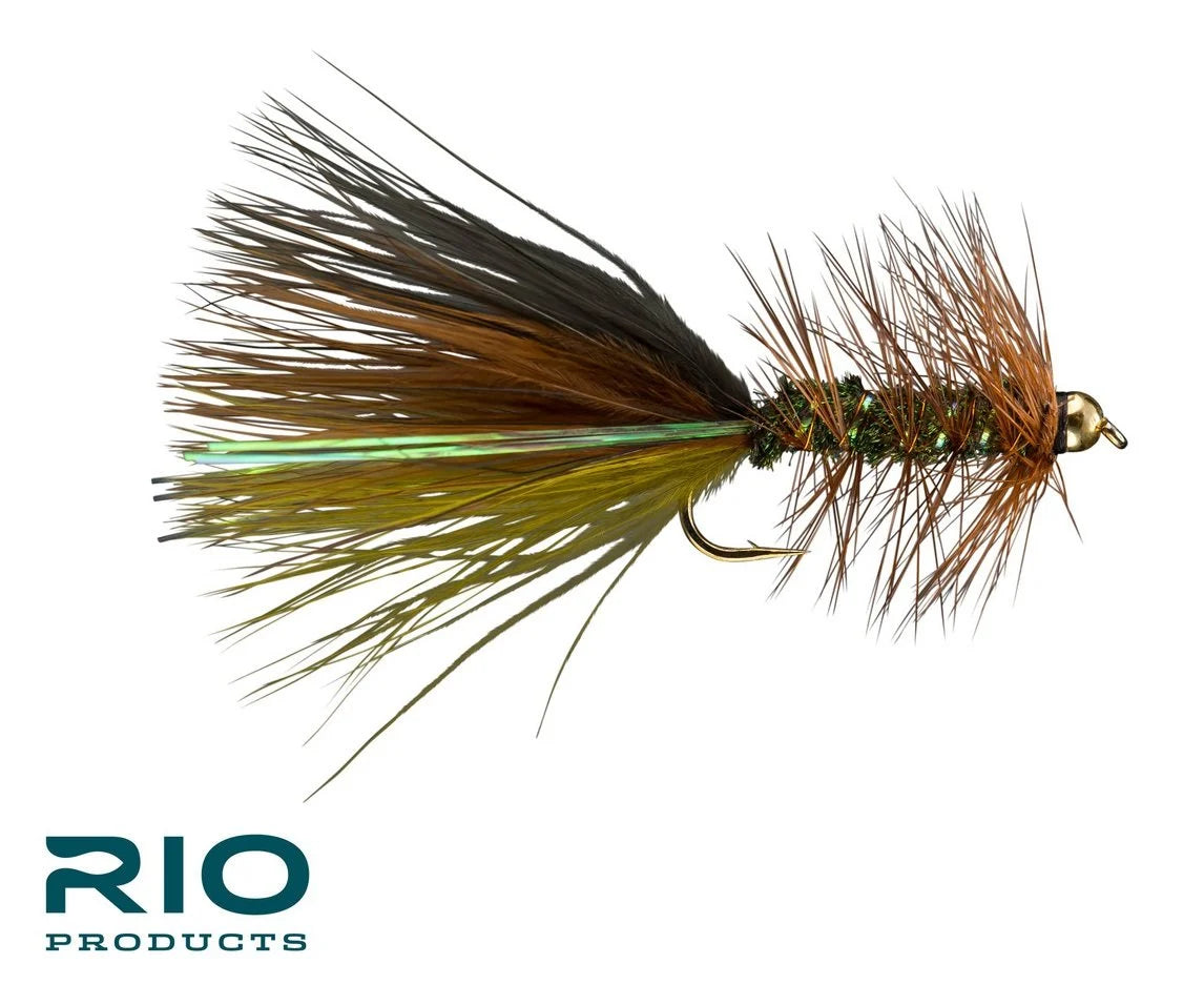 Thin Mint Bugger Tungsten fly fishing lure featuring natural brown, black, and green feathers with a tungsten bead head for enhanced casting and underwater performance.