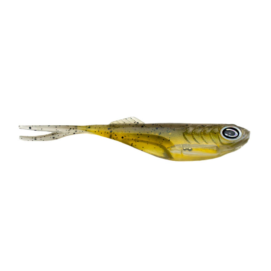 CAST Fishing Echo 2.75" soft fishing lure in translucent yellow with black speckles, designed for realistic movement and effective fish attraction in fishing tackle.