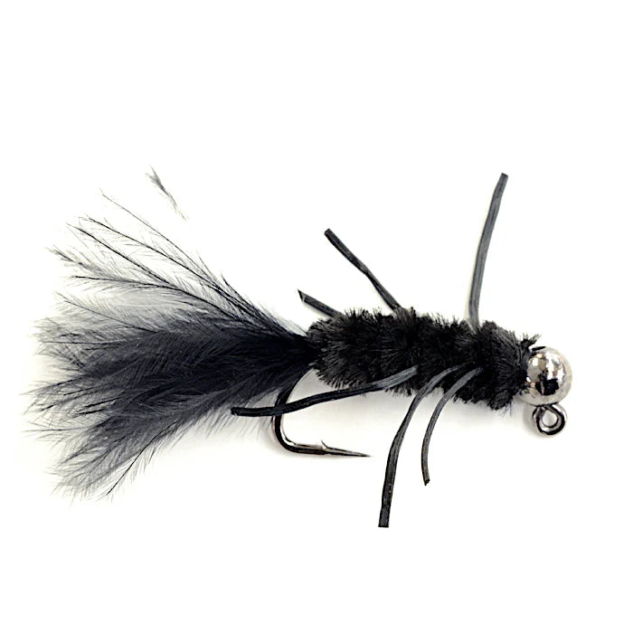 T.J. Hooker fishing lure with black feather tail, segmented body, flexible legs, and silver bead head designed for musky fishing tackle.