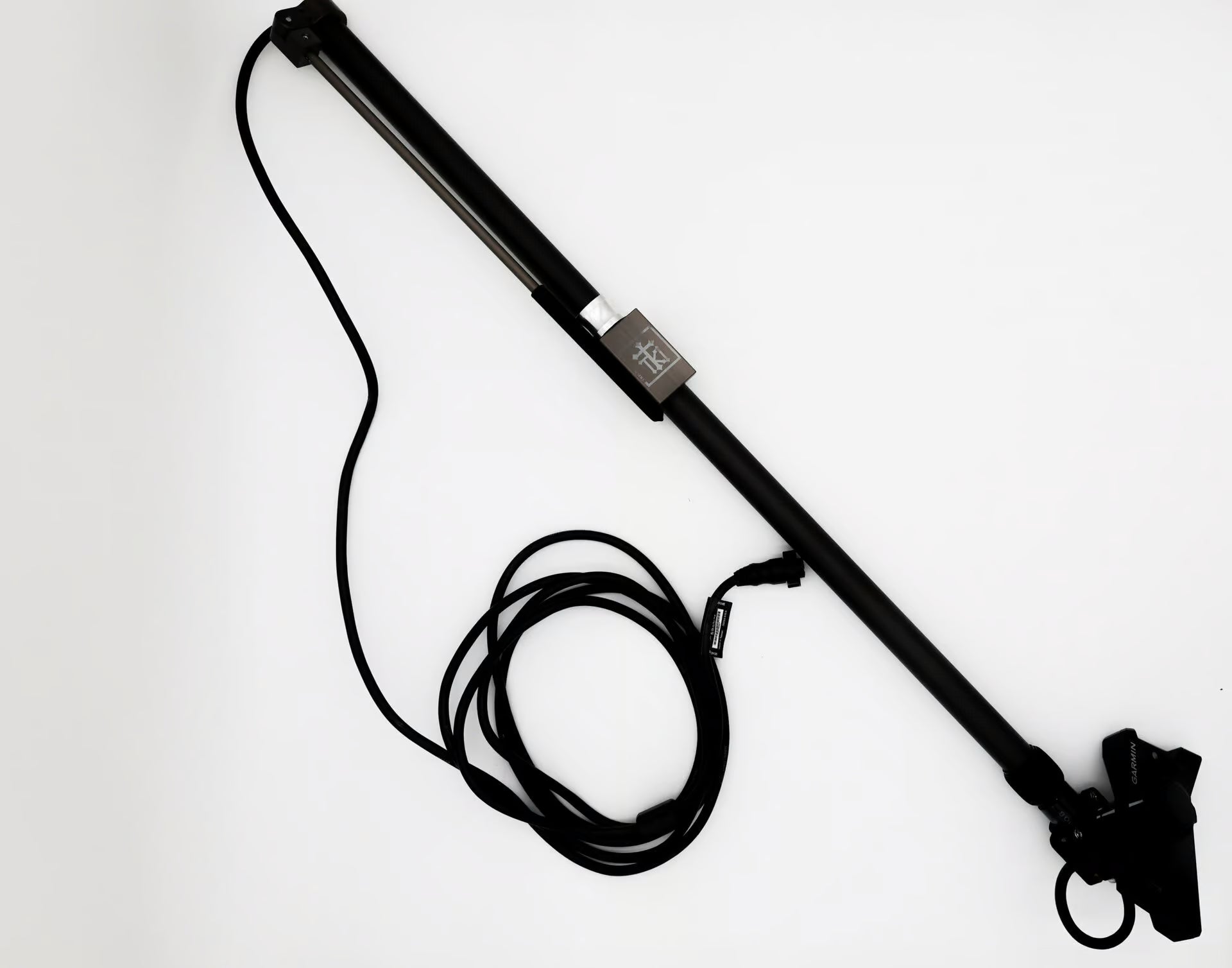 TKI CNC 72" CARBON FIBER LIVE TRANSDUCER KIT w/ Track Base PN: 635-100907-146 black carbon fiber pole with attached cable and mounting hardware for fishing marine electronics.