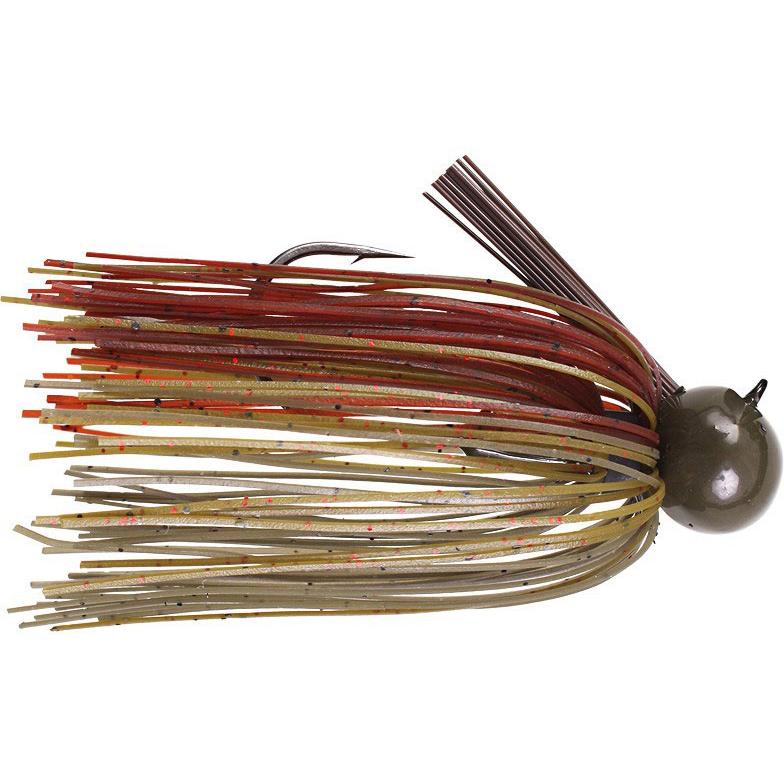 Strike King Tour Grade Football Jig with olive green painted head and multi-colored silicone skirt in shades of brown, orange, and tan, designed for fishing tackle.