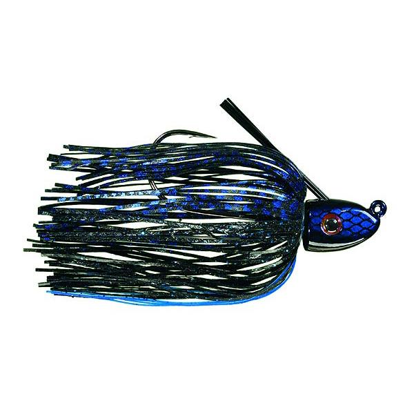 Strike King Tour Grade Swim Jig featuring a black and blue patterned head with a single sharp hook and flexible multi-strand skirt for effective fishing tackle use.