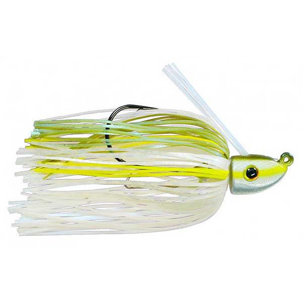 Strike King Tour Grade Swim Jig featuring a yellow and white skirt, realistic fish-eye design, sharp hook, and weed guard, ideal for fishing tackle and bass fishing.
