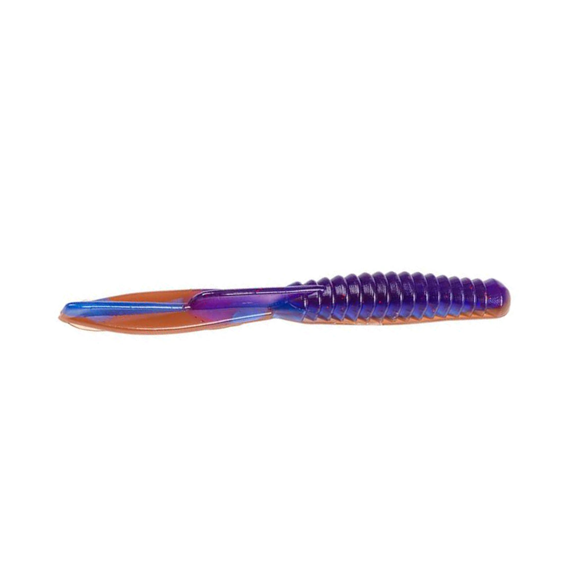 Close-up of a two-toned fishing lure in blue and purple with a ribbed body and tapered tail, identified as Strike King KVD Perfect Plastics Half Shell Dropshot Worm.