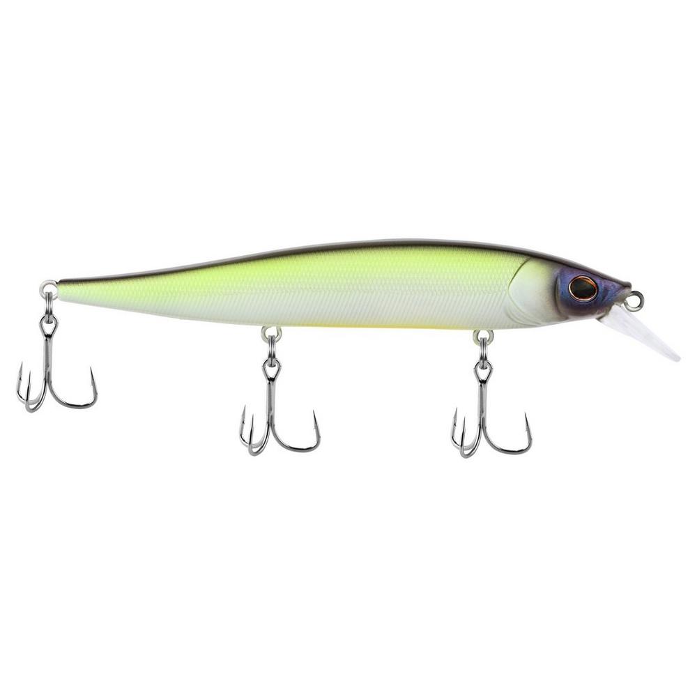 Berkley Stunna 112 Jerkbait fishing lure in green and silver tones with three treble hooks and a translucent diving lip designed for effective fishing tackle use.