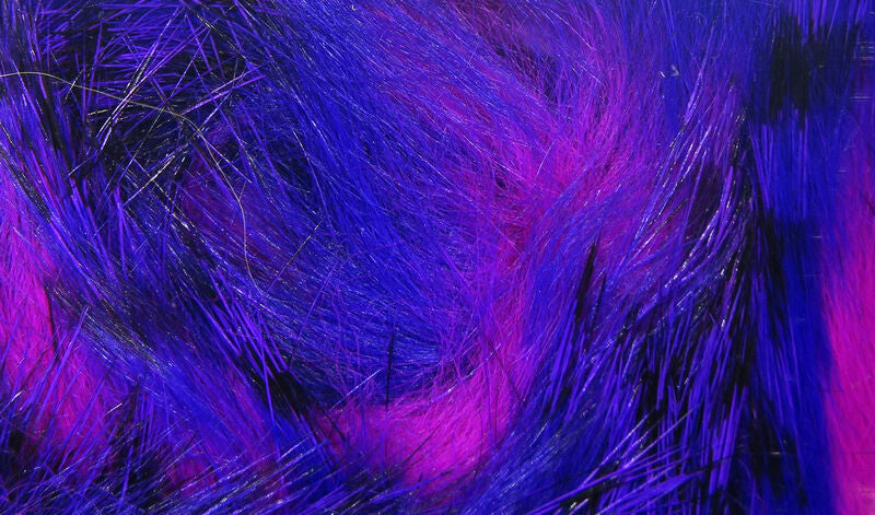 Close-up of Hareline Rabbit Strip - Tiger Bar showing vibrant purple and black fur fibers used for crafting fishing lures and tackle.