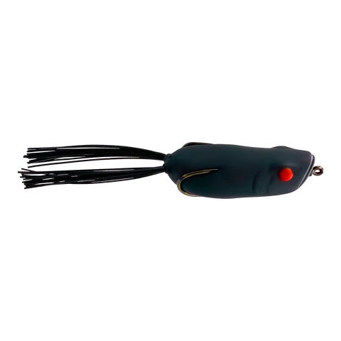 Toad Thumper Swamper Walkin' Frog fishing lure in dark color with red eyes and flexible skirt tail designed for musky fishing tackle.