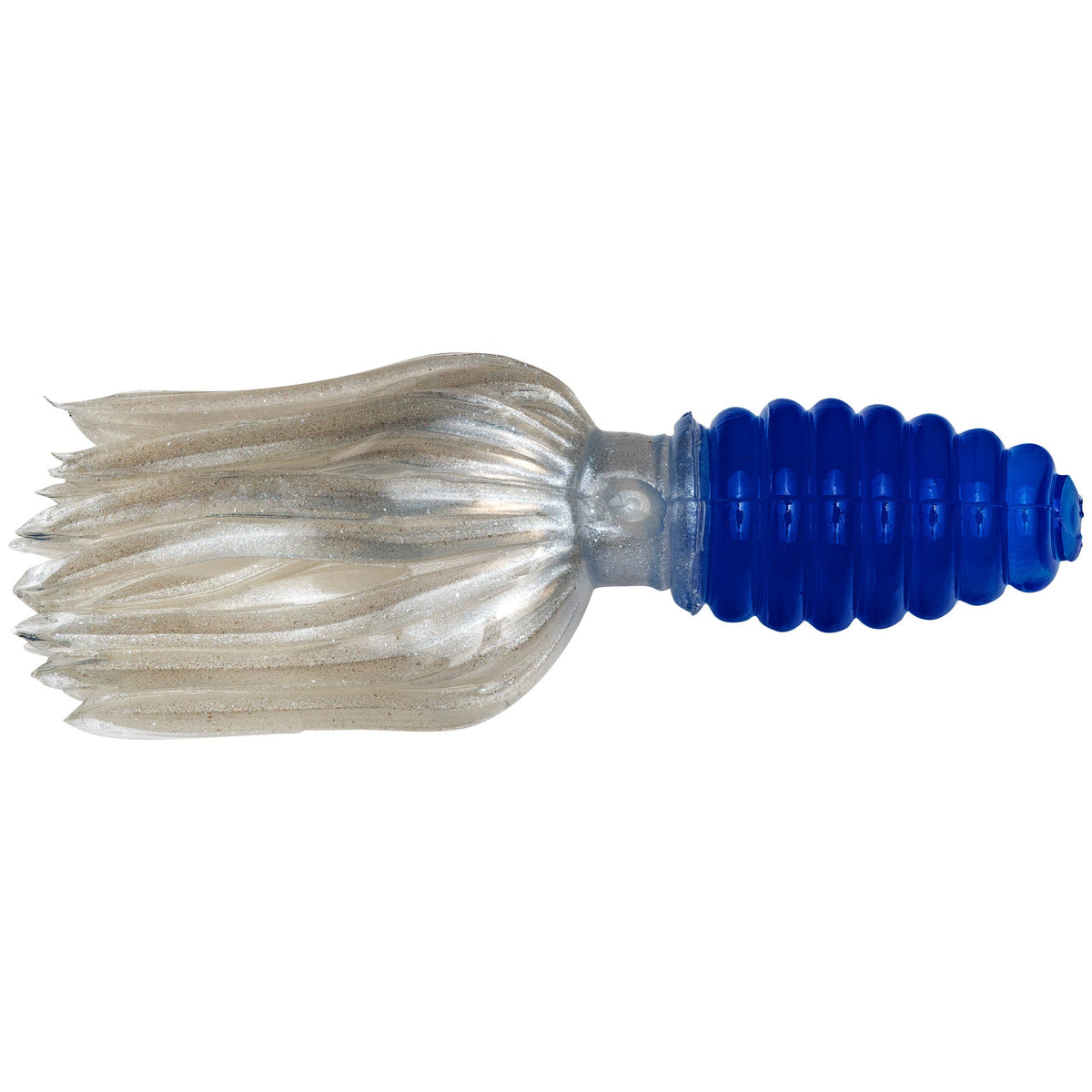 Strike King Mr. Crappie Thunder Tube Bait featuring a ribbed blue body and translucent pearl-colored flexible skirt designed for fishing tackle use.