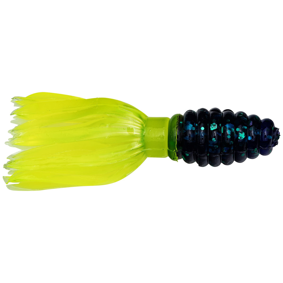 Strike King Mr. Crappie Thunder Tube Bait with bright yellow skirt and black segmented body speckled with blue glitter designed for fishing tackle use.