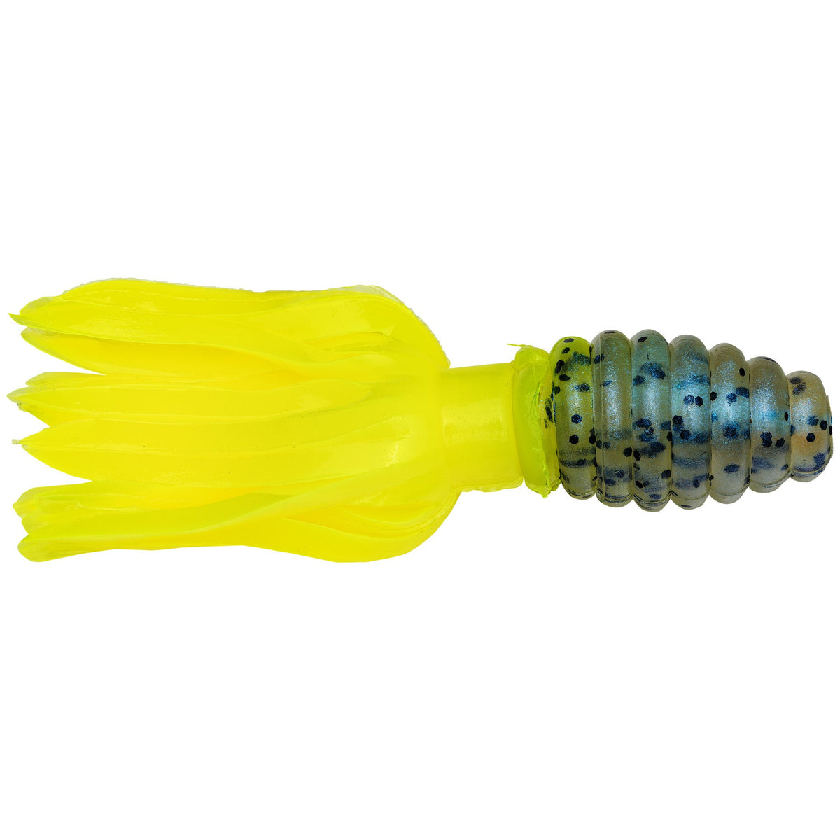 Bright yellow and translucent blue soft plastic fishing lure with segmented body and skirted tail, designed for freshwater fishing, identified as Strike King Mr. Crappie Thunder Tube Bait.