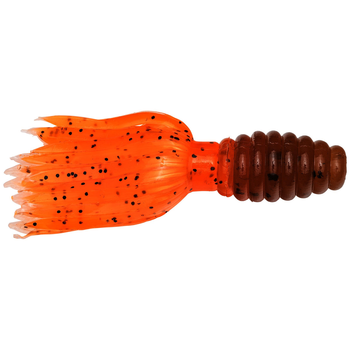 Close-up of an orange and brown soft plastic fishing lure with black speckles, designed as the Strike King Mr. Crappie Thunder Tube Bait for fishing tackle.