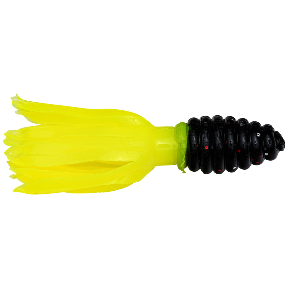 Strike King Mr. Crappie Thunder Tube Bait featuring a segmented black body with red speckles and bright yellow soft plastic skirt designed for fishing tackle use.