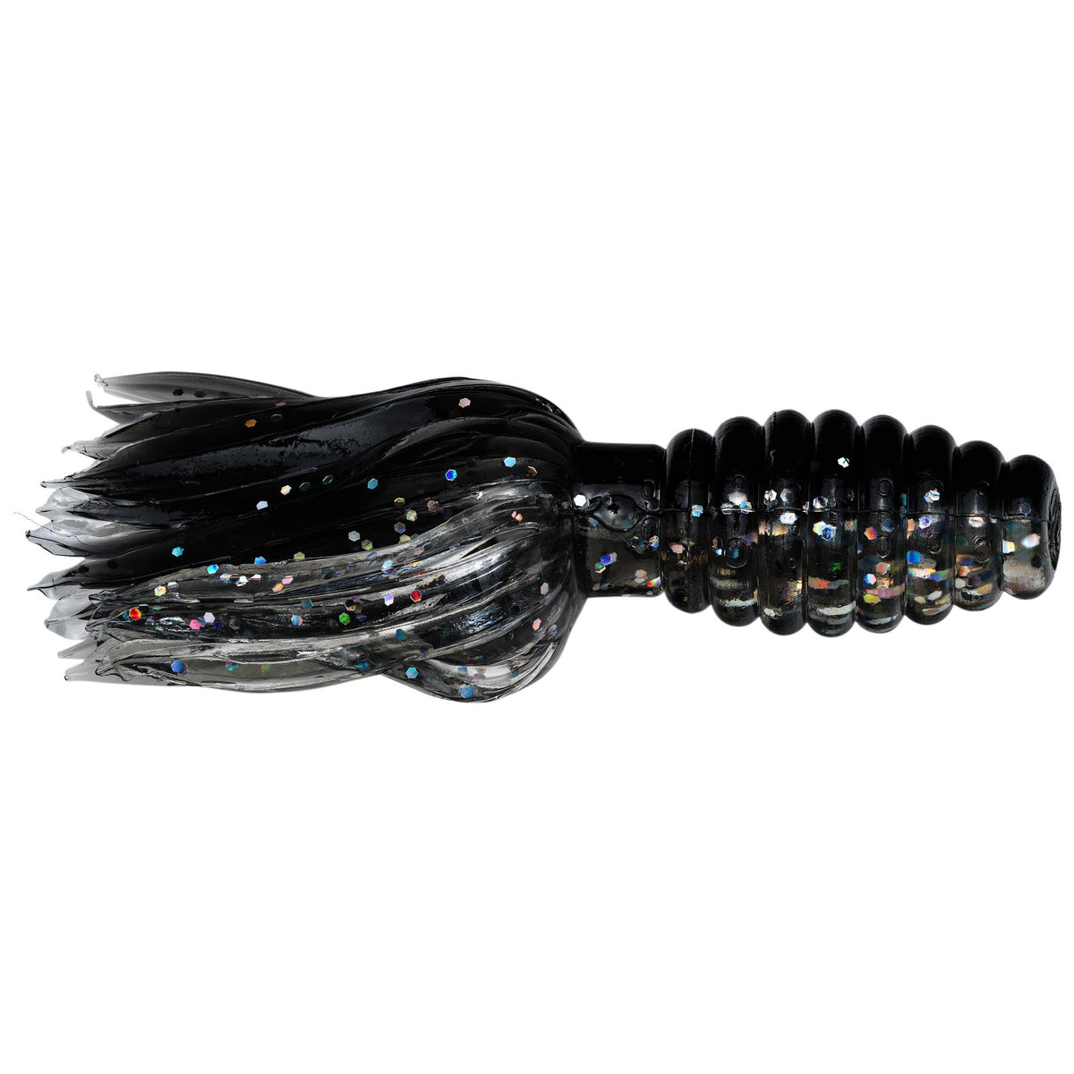 Strike King Mr. Crappie Thunder Tube Bait in black with reflective glitter accents, designed as a soft plastic fishing lure with a ribbed body and flowing skirt for realistic movement.