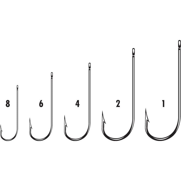 VMC Aberdeen Hook fishing hooks in sizes 8, 6, 4, 2, and 1 displayed in a row, showcasing the sharp barbed points and eyelets for attaching fishing line.