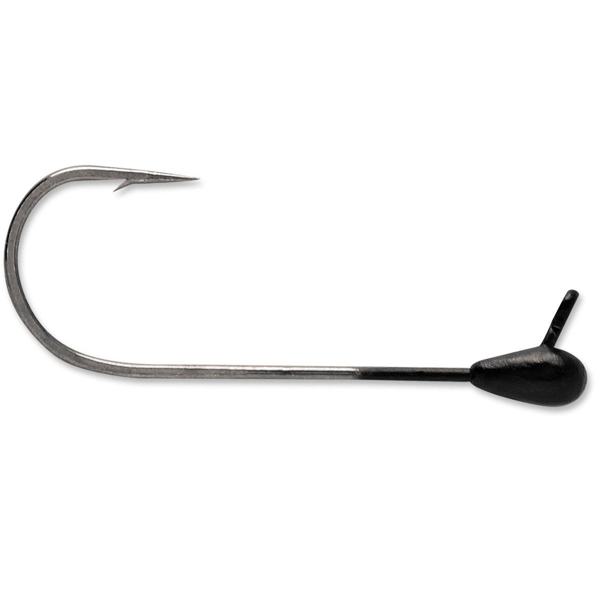 Close-up image of a VMC Dominator Tube Jig featuring a sharp single fishing hook with a black weighted jig head designed for effective fishing tackle use.