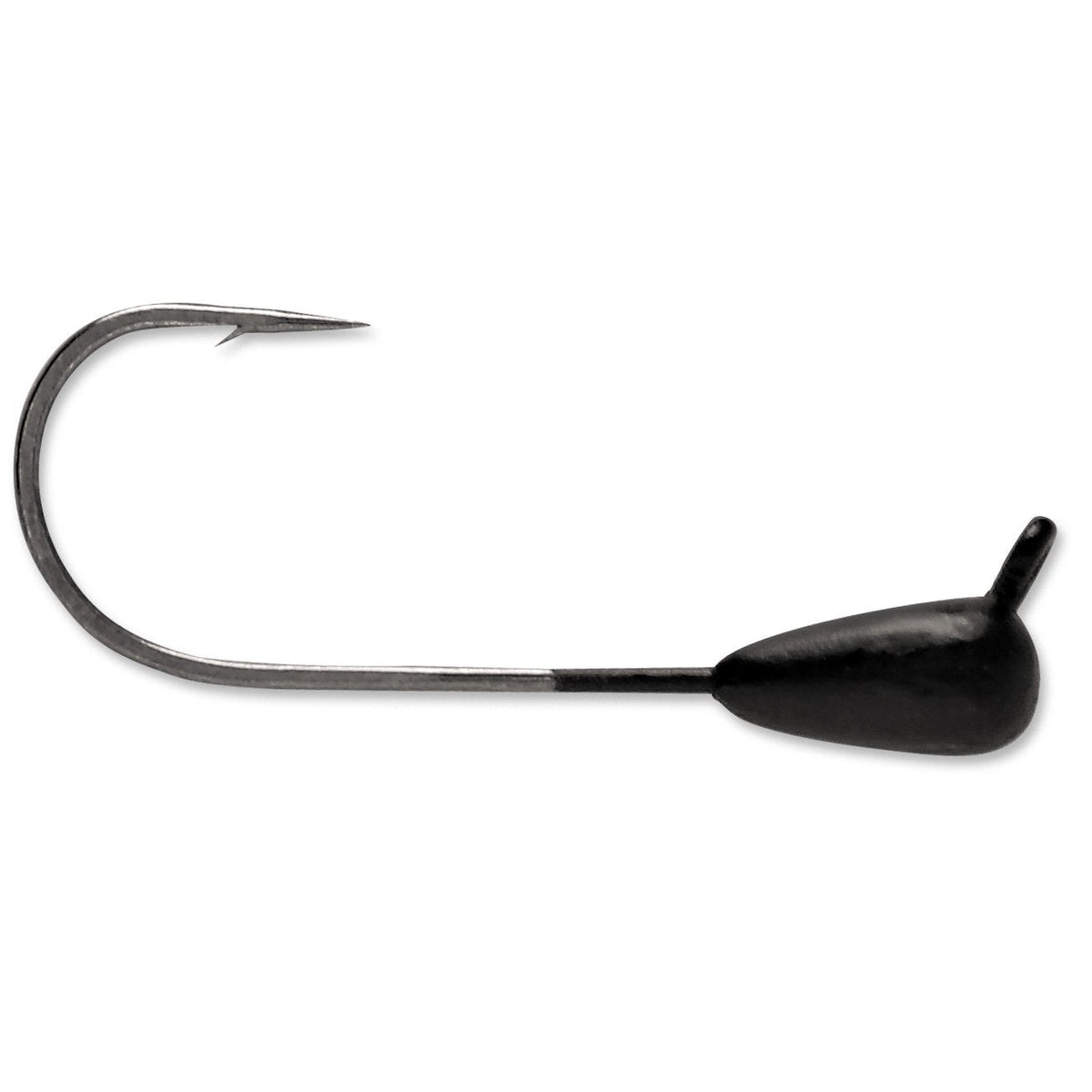 VMC Dominator Tube Jig featuring a sharp, curved metal hook with a black weighted head and an eyelet for attaching fishing tackle, designed for effective freshwater fishing.
