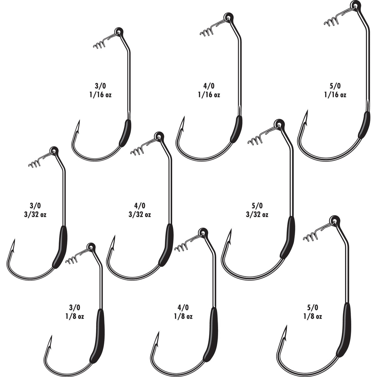 Set of VMC Drop Dead Weighted Hooks showing various sizes and weights, featuring sharp curved hooks with weighted black sleeves and screw-in eyes for fishing tackle use.